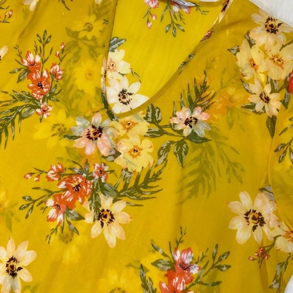 Zara Boho Blouse Oversized Floral Sheer Chiffon Yellow Top V-neck - Picture 7 of 10